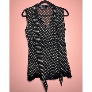 Wanko Polka Dot Blouse Women L Black Lace Trim Tie Waist Sleeveless
